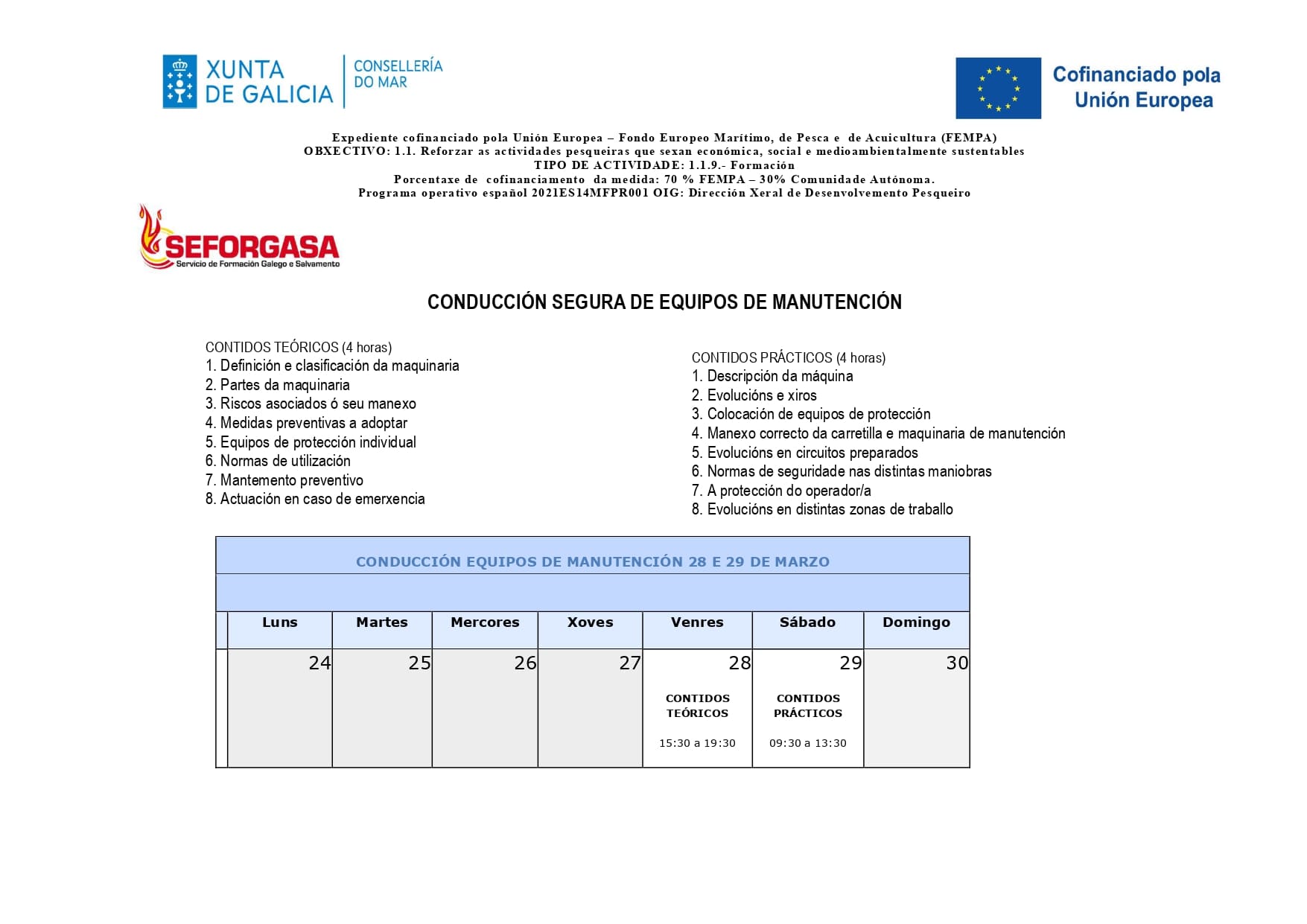 HORARIOS CURSO CONDUCCIÓN SEGURA EQUIPOS MANUTENCIÓN